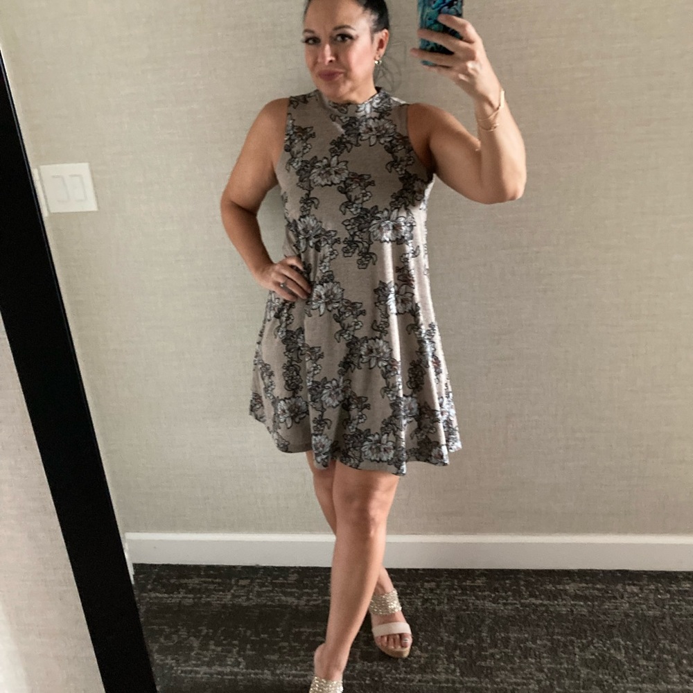Tan floral trapeze dress, sleeveless